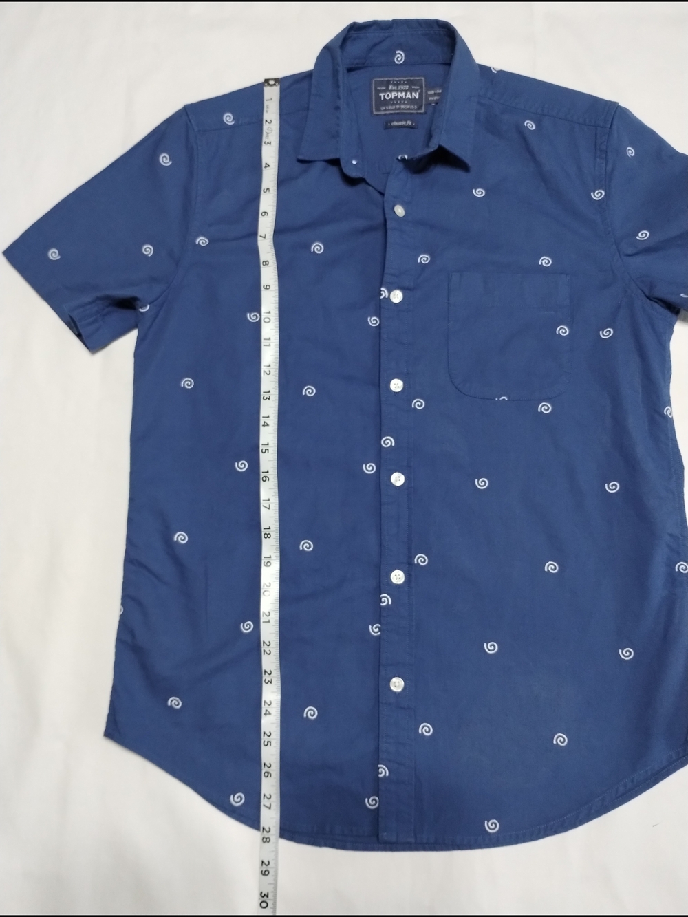 Topman Blue Short-Sleeve Button-Up Shirt with White Swirl Print - Picture 3 of 9